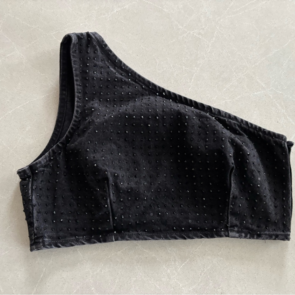 Zara Black One-Shoulder Studded Denim Women's Crop Bustier Top Faded Rockstar